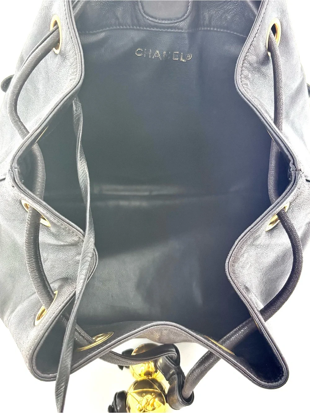 Chanel Vintage Black Lambskin Timeless CC Drawstring Backpack Gold Hardware